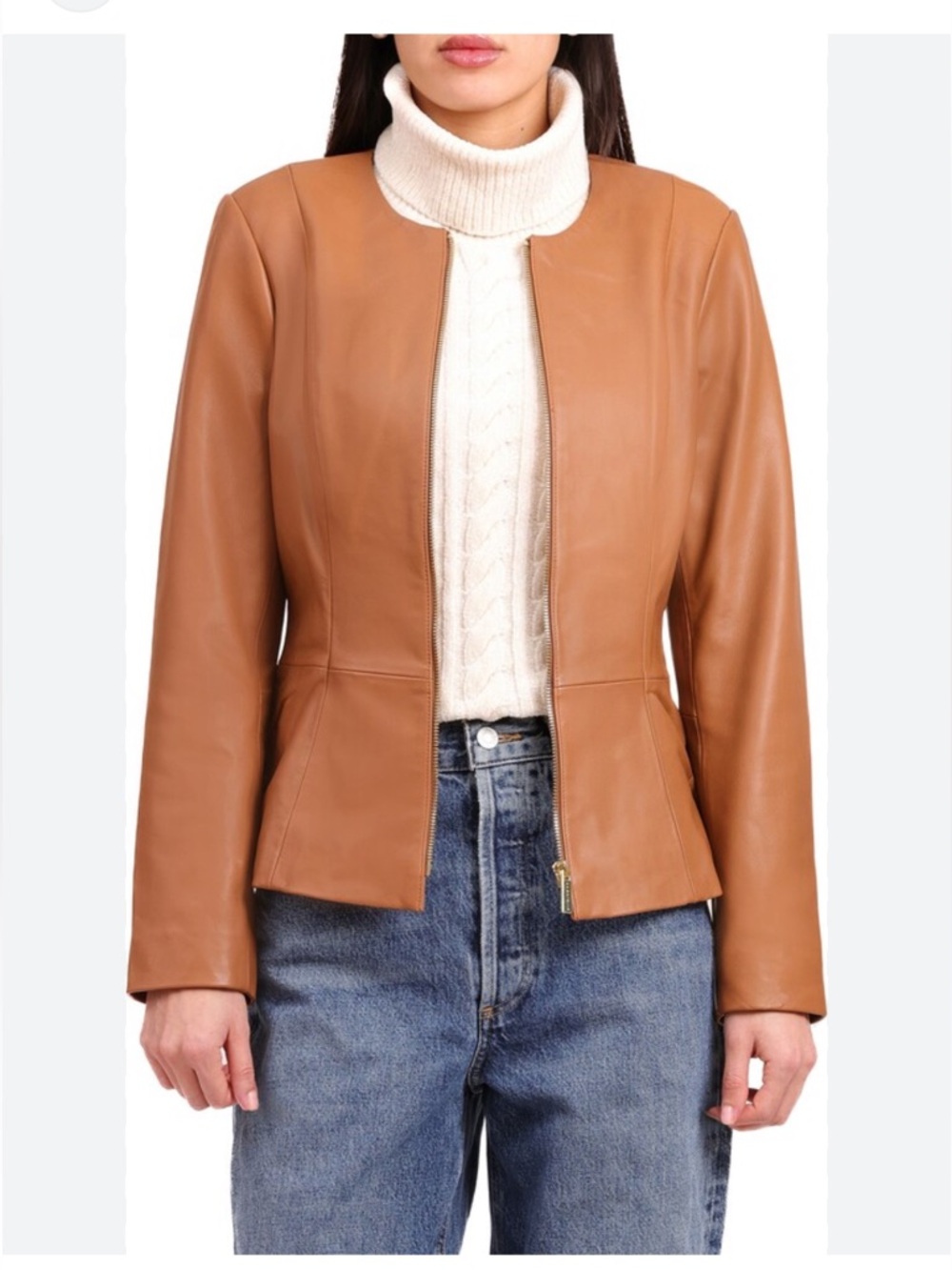 Zara Camel Brown Leather Zip-Front Jacket